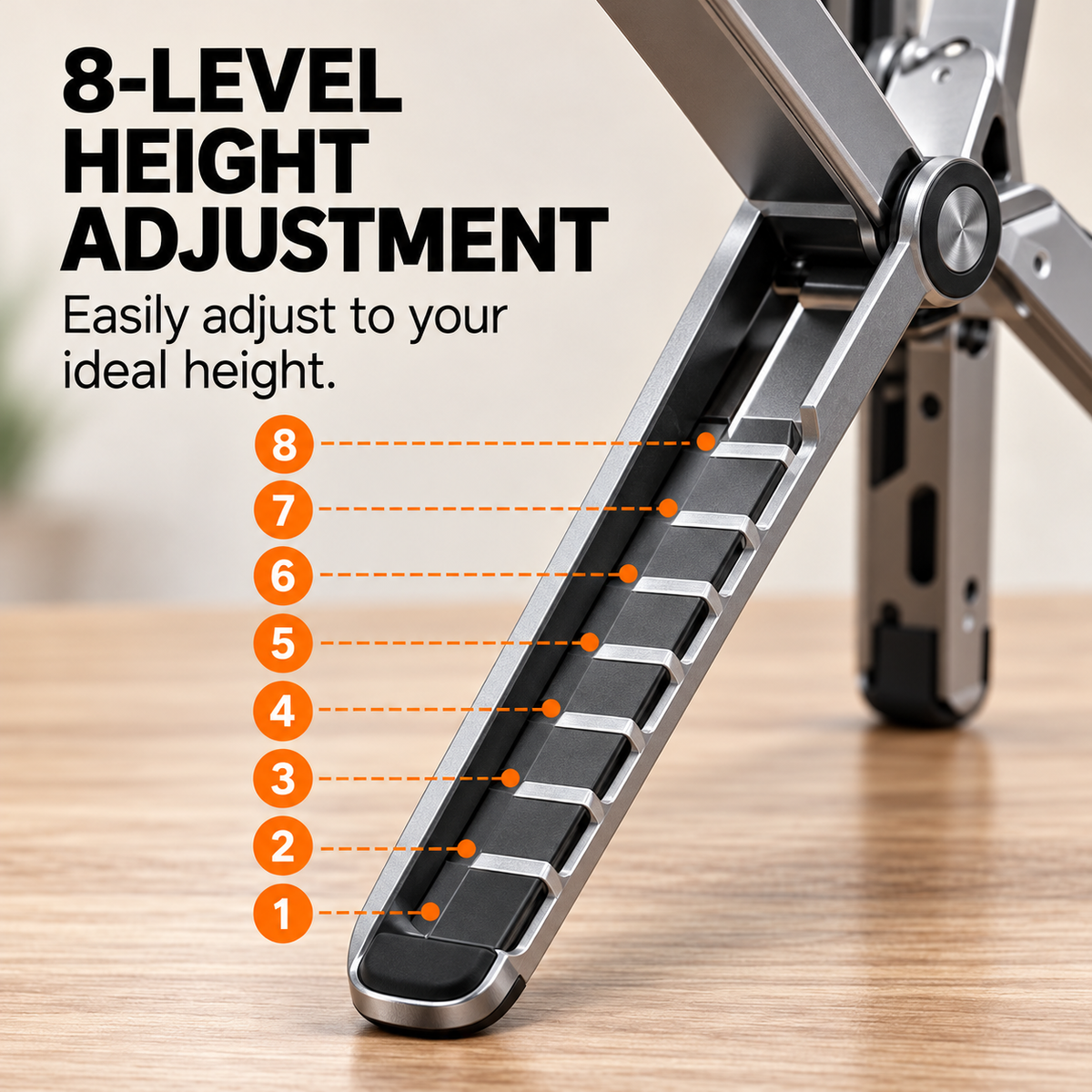 Close-up of the stand's eight height adjustment positions