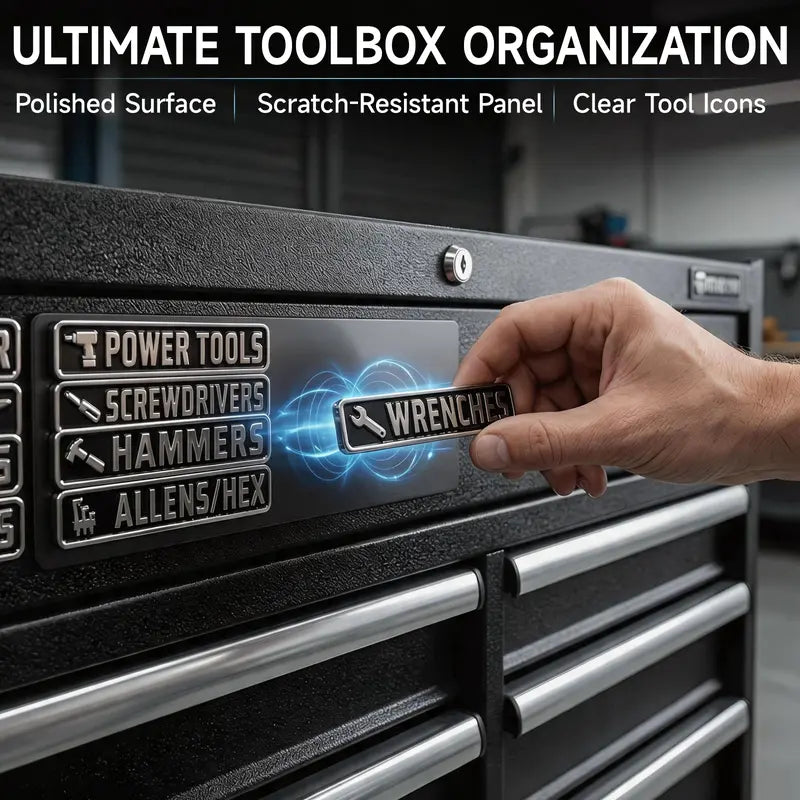 Hand repositioning a magnetic wrench label on a black metal toolbox drawer