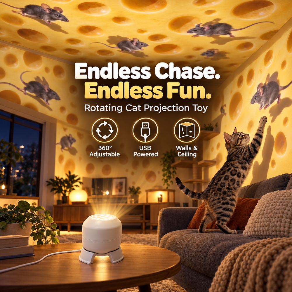 Illustrated mouse-projection playtime in a warm cat-friendly living room