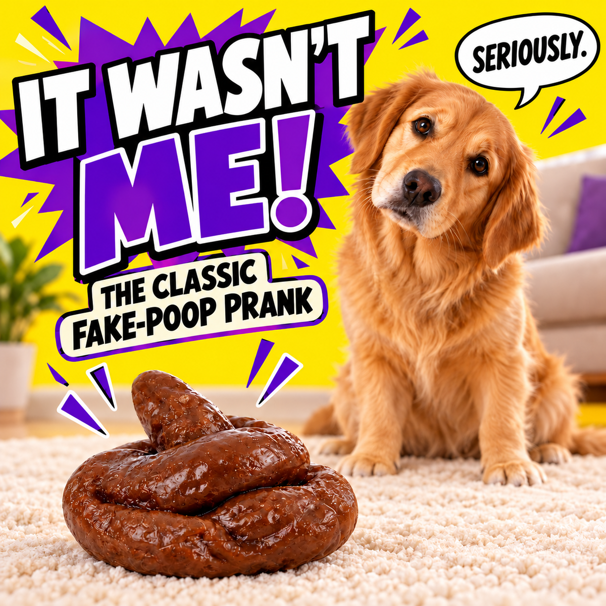 Illustrated gag gift presentation with seven fake poop pieces in an open gift box
