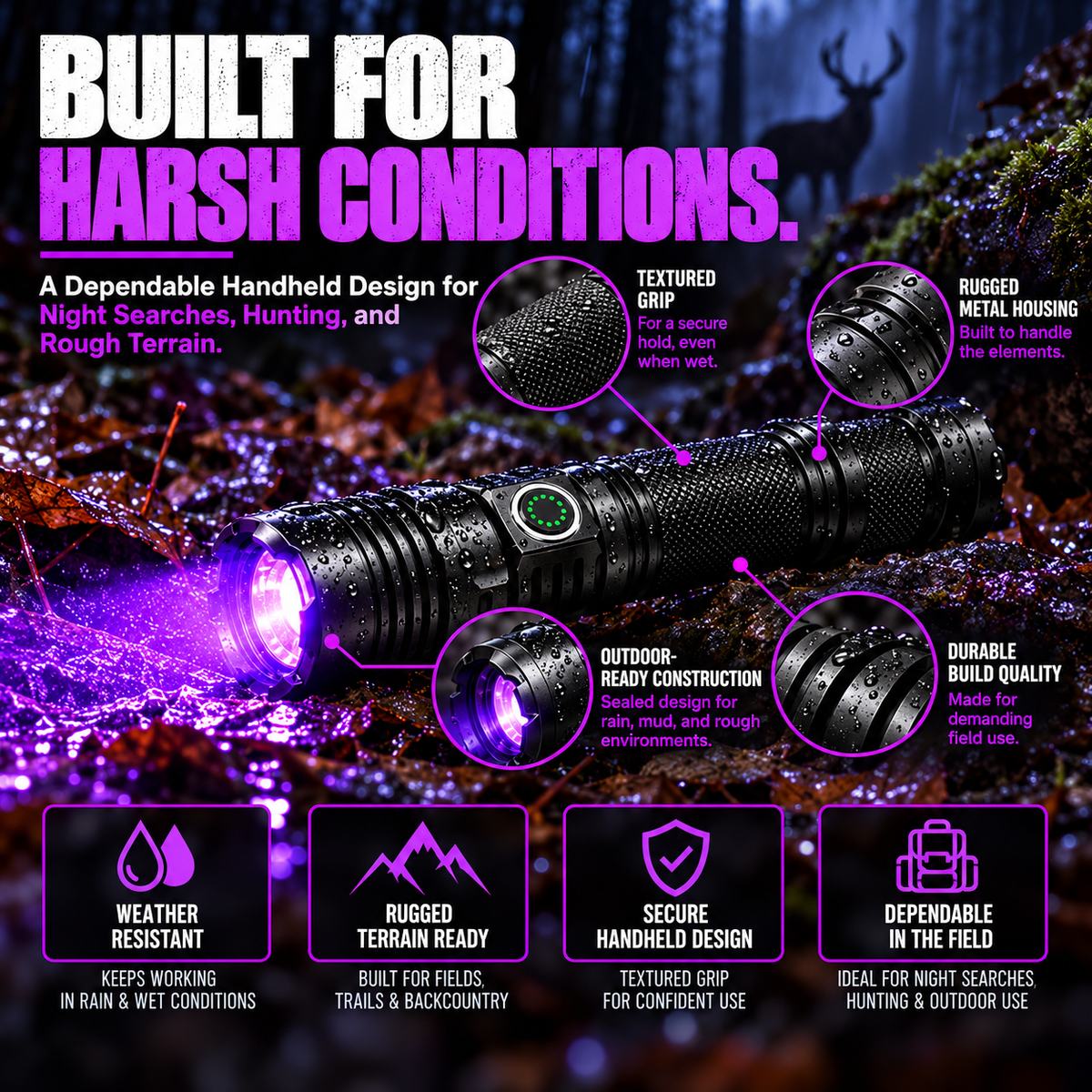 Rugged flashlight housing and textured grip details