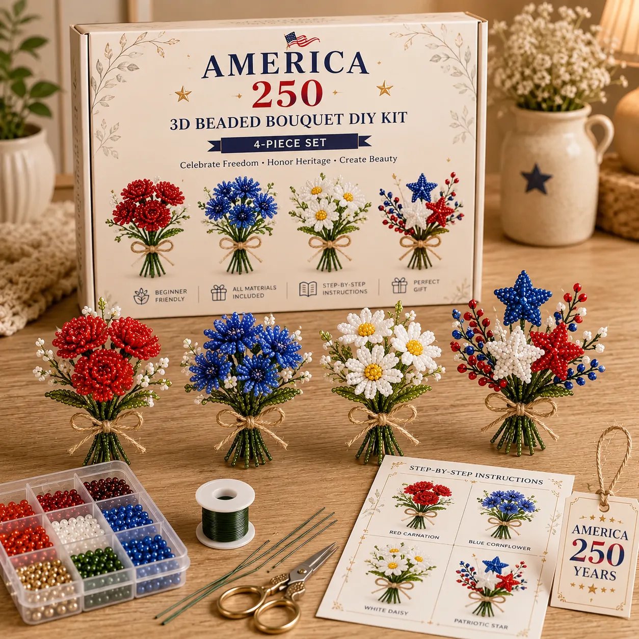 🔥LAST DAY 70% OFF-America 250 Beaded Bouquet DIY Kit – Limited Edition Patriotic Craft Collection