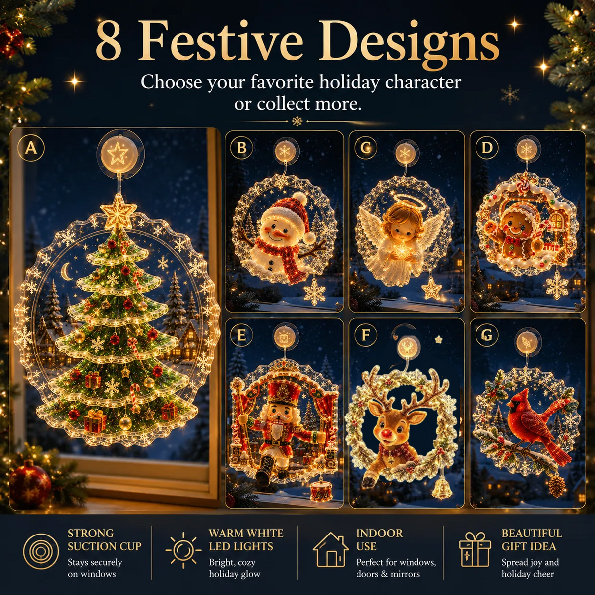 🏅 2026 Best Seller ✨🎄Lighted Christmas Window Decoration with Suction Cup Flat Version | Warm LED Window Light with Double-Layer Design & Multiple Festive Styles ✨