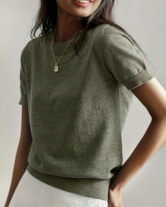 Damen-Pullover mit Rundhalsausschnitt und kurzen Ärmeln, einfarbig