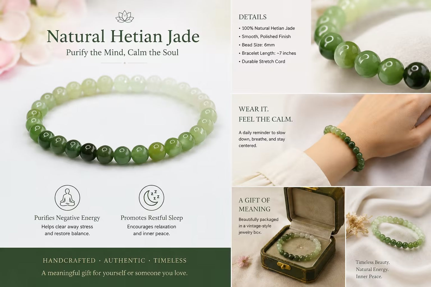 Natural Hetian Jade Bracelet | 6mm Gradient Green Healing Stone Bead Bracelet | Calming Energy, Stress Relief & Inner Peace | Vintage Box Gift for Women