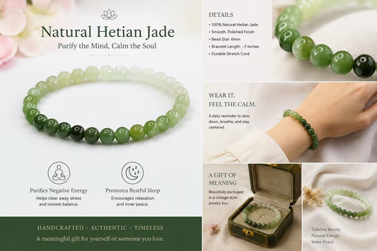 Natural Hetian Jade Bracelet | 6mm Gradient Green Healing Stone Bead Bracelet | Calming Energy, Stress Relief & Inner Peace | Vintage Box Gift for Women