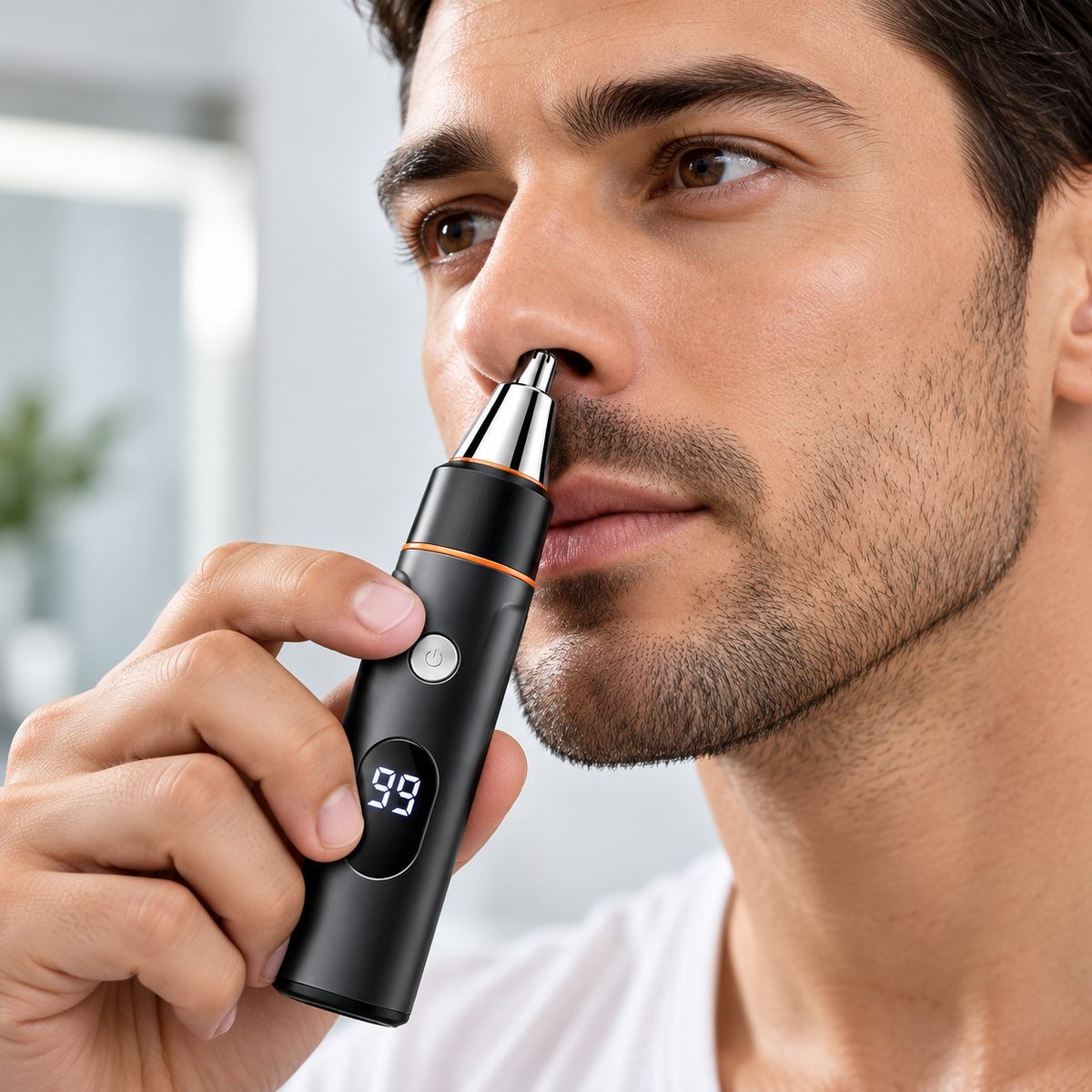 Nose hair trimming attachment being used for grooming