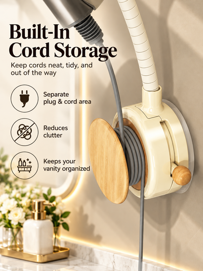 Hands-Free Hair Dryer Holder – No-Drill Suction Mount with Adjustable Arm & Cord Storage