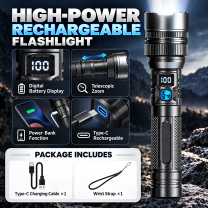 🔦 High-Power Rechargeable Zoom Flashlight with Digital Battery Display & Power Bank