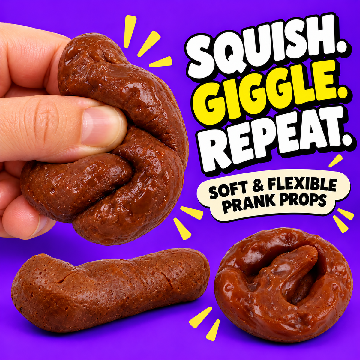 Playful staged office prank scene with a fake poop prop on an office chair
