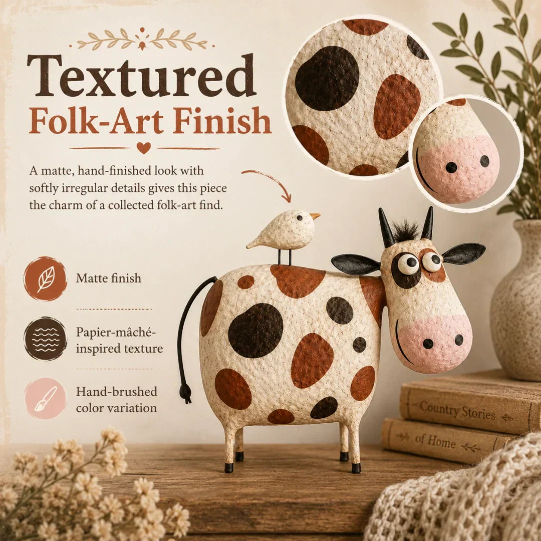 🔥Hot Sale🐮Whimsical Cow & Bird Folk Art Figurine – Rustic Farmhouse Tabletop Decor Gift