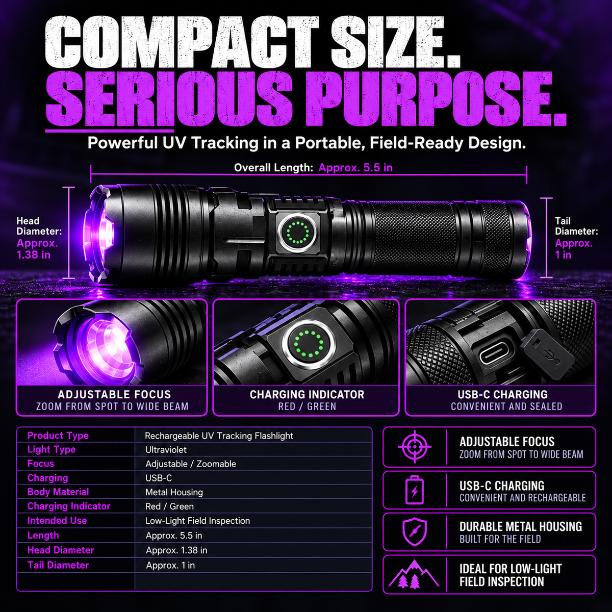 Fgorre flashlight product dimensions and component overview