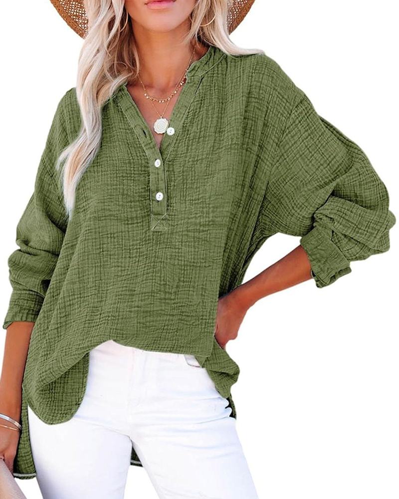 Damen Casual V-Ausschnitt Langarmshirts Knöpfe Solide Blusen Oberteile