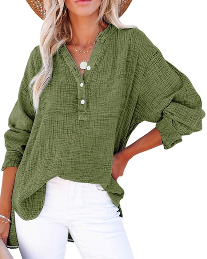 Damen Casual V-Ausschnitt Langarmshirts Knöpfe Solide Blusen Oberteile