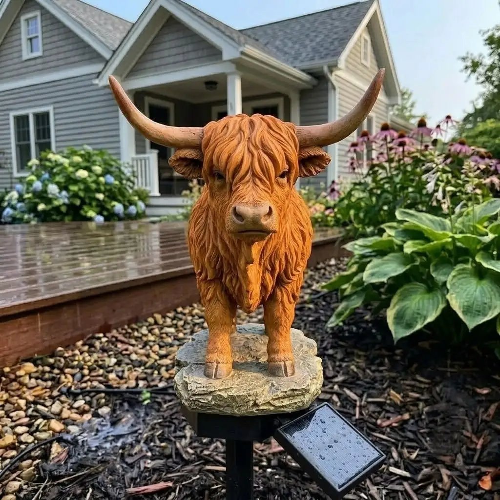 🐮✨ Highland Cow Solar Garden Light – Charming Farmhouse Décor That Glows at Night