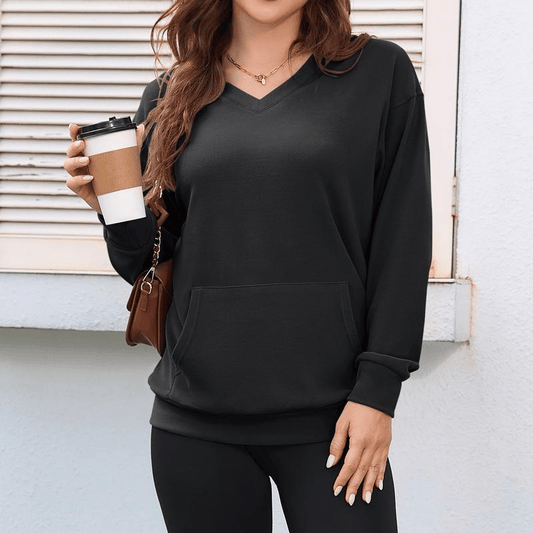 Damen-Kapuzenpullover mit V-Ausschnitt und Taschen ohne Mütze