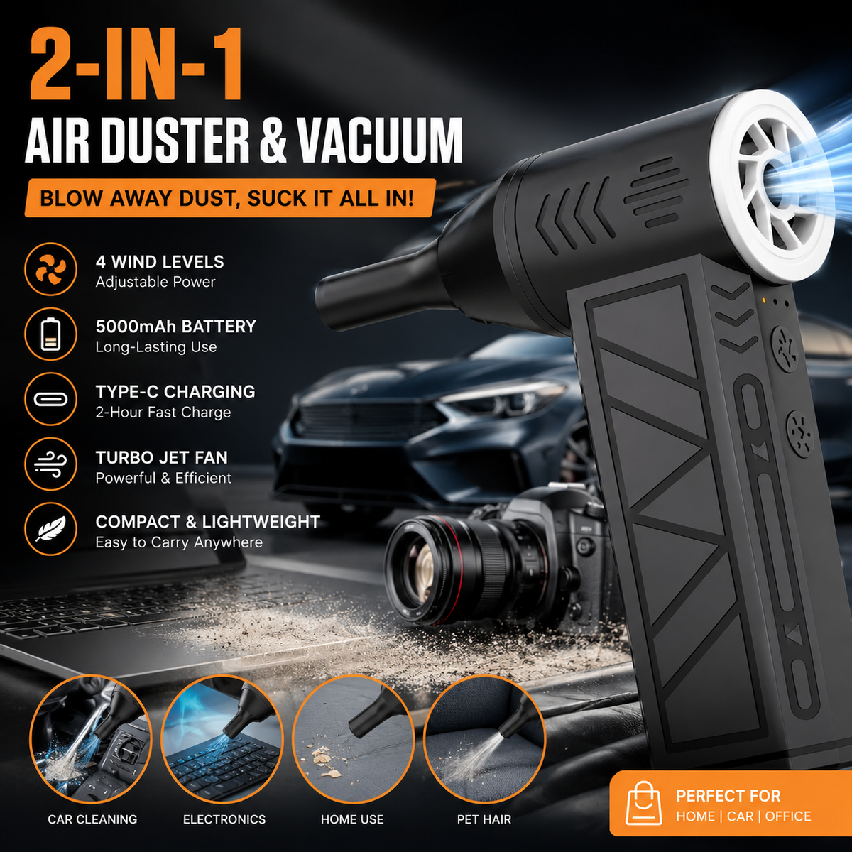 🏅Best Seller 🔥 2-in-1 Cordless Air Duster & Vacuum – 130,000 RPM Rechargeable Turbo Blower