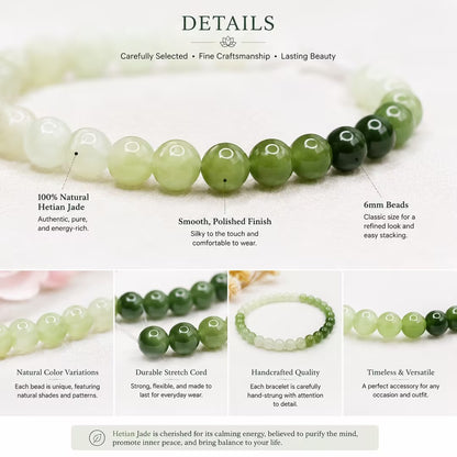 Natural Hetian Jade Bracelet | 6mm Gradient Green Healing Stone Bead Bracelet | Calming Energy, Stress Relief & Inner Peace | Vintage Box Gift for Women