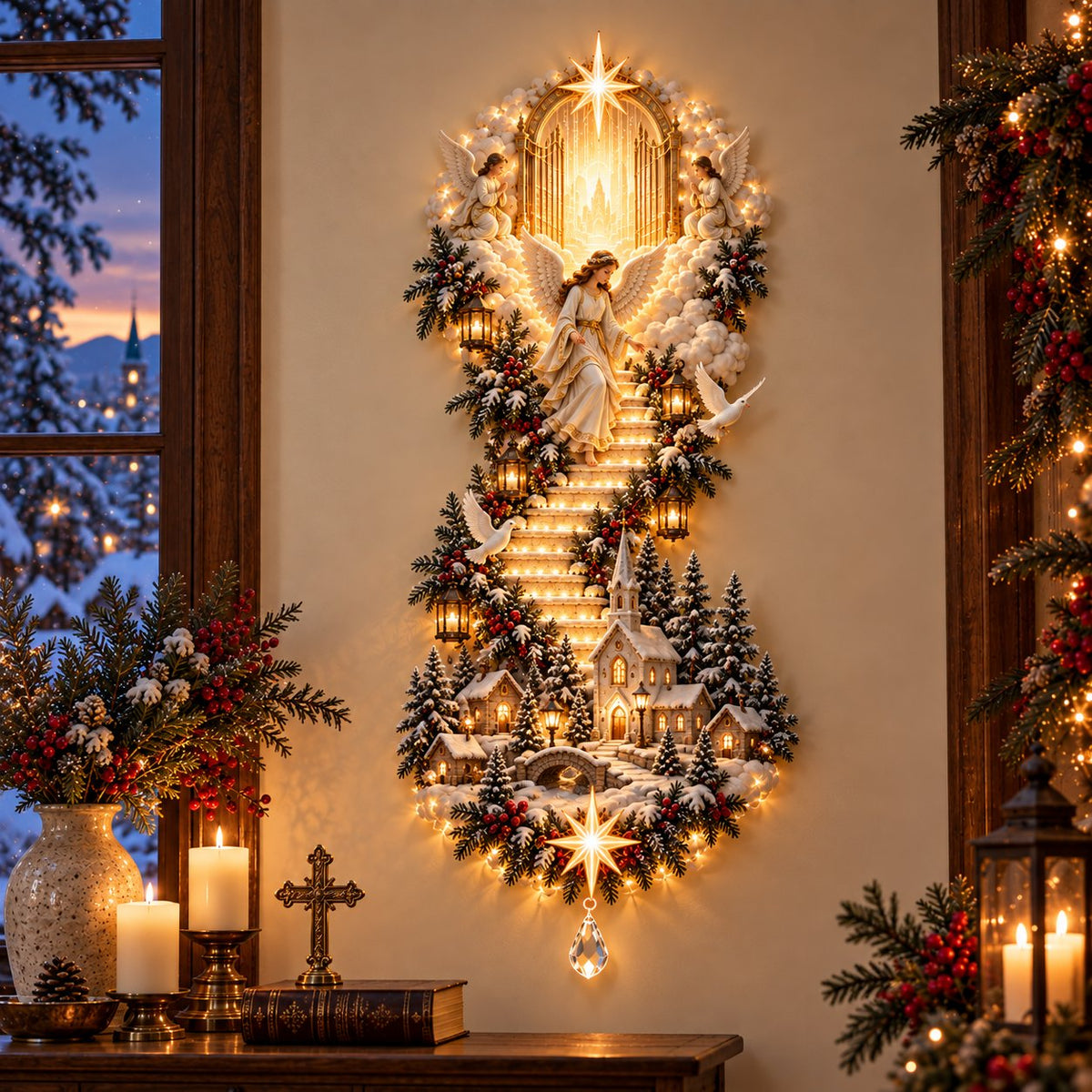 ✨ Jesus Christmas Wall Hanging – Illuminated Nativity Stairway Decor