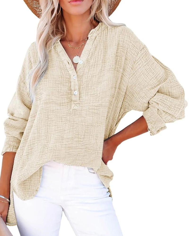 Damen Casual V-Ausschnitt Langarmshirts Knöpfe Solide Blusen Oberteile