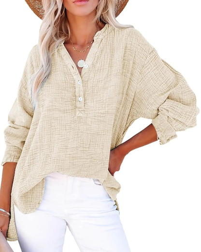 Damen Casual V-Ausschnitt Langarmshirts Knöpfe Solide Blusen Oberteile