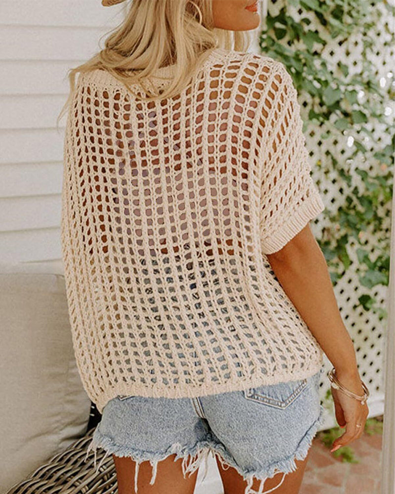 Damen Sommer Kurzarm Hohlstrick-Top Strandkleidung