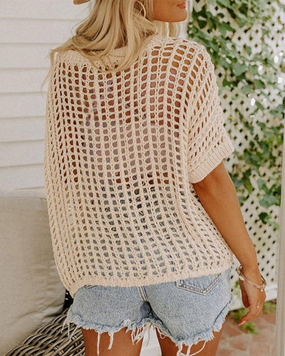 Damen Sommer Kurzarm Hohlstrick-Top Strandkleidung