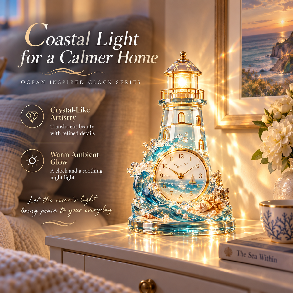 🌊 Coastal Glow Ocean Wave Sculpture – Crystal-Look Decorative Clock Collection
