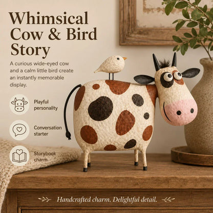 🔥Hot Sale🐮Whimsical Cow & Bird Folk Art Figurine – Rustic Farmhouse Tabletop Decor Gift