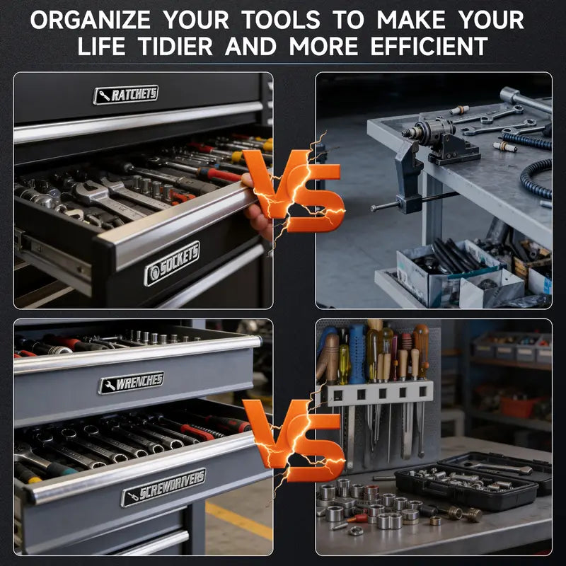 Comparison illustration of toolbox drawers organized with magnetic category labels and unorganized tool storage