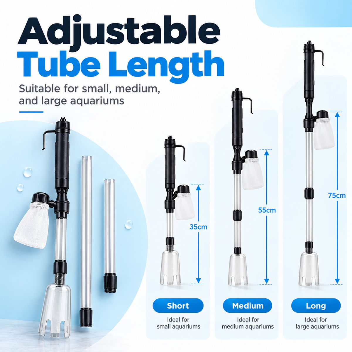 Adjustable tube configurations shown in short, medium and long lengths