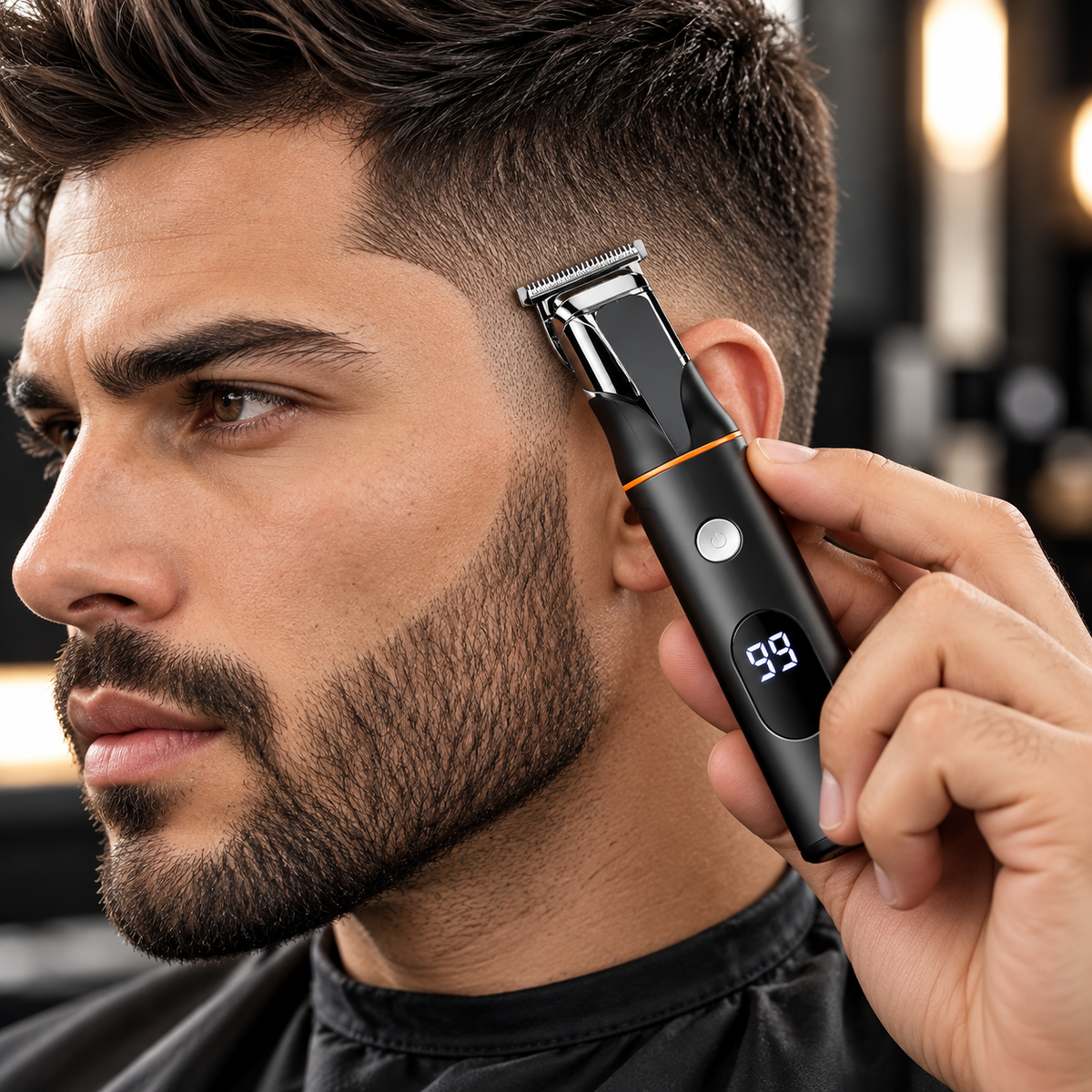 Electric trimming kit being used to tidy the sideburn area