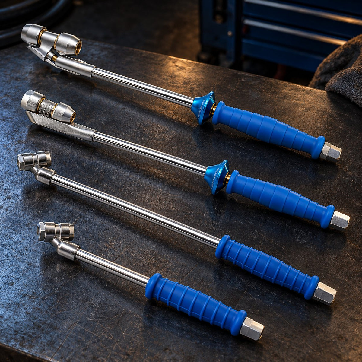 Four separate tire inflation rod configurations laid out on a professional workshop table