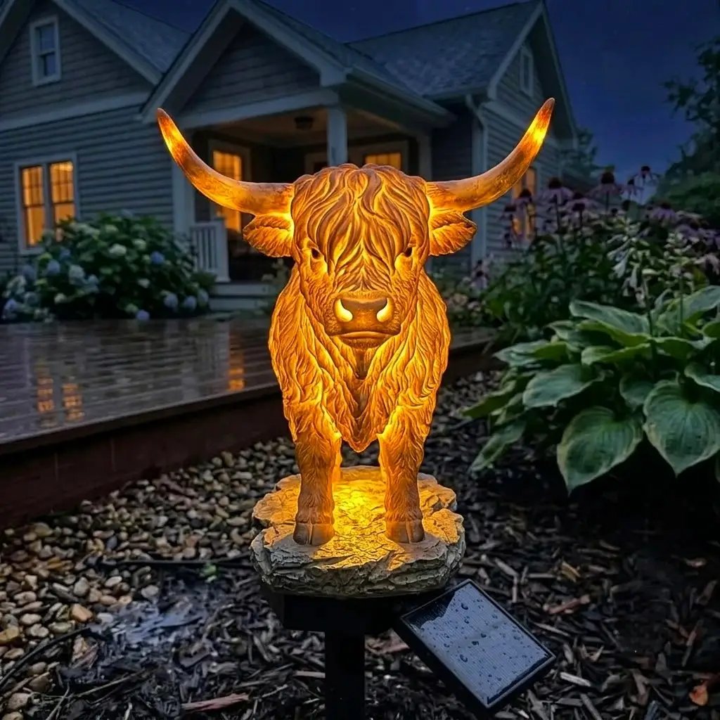 🐮✨ Highland Cow Solar Garden Light – Charming Farmhouse Décor That Glows at Night
