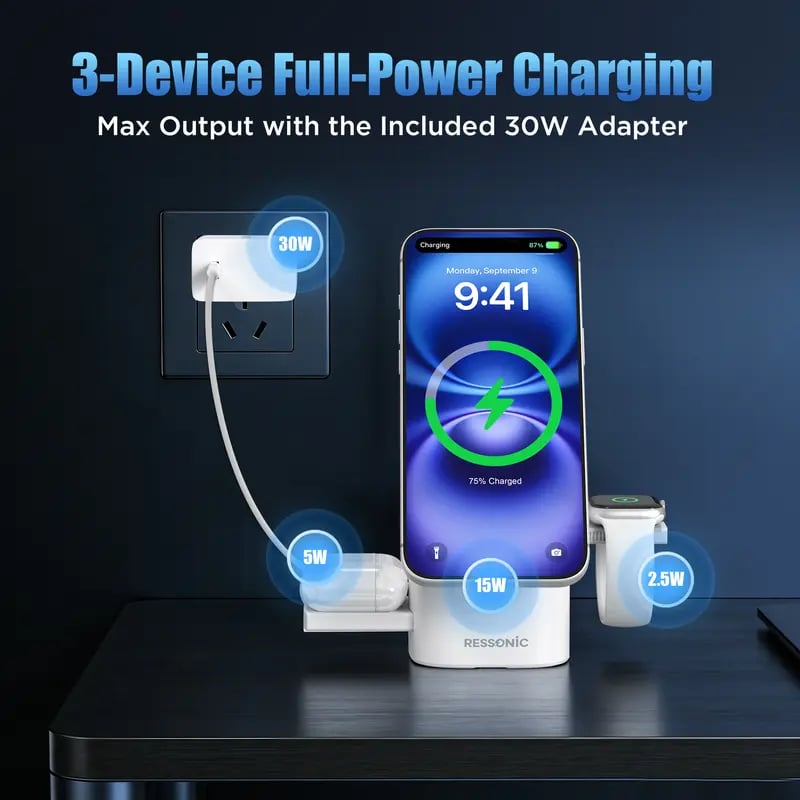 ⚡ Qi2 Certified 3-in-1 Wireless Charger – 15W Fast Magnetic Stand for iPhone 17/16 & Galaxy Watch – 30W Adapter Included 📱