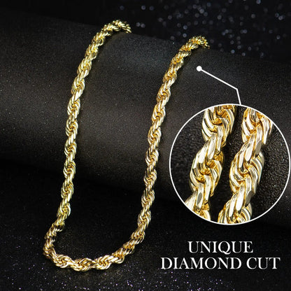 14K Rope Chain Necklace for Women and Men, Upgraded Shine Faceted Cut, Tarnish-Free Gold Tone Chain,