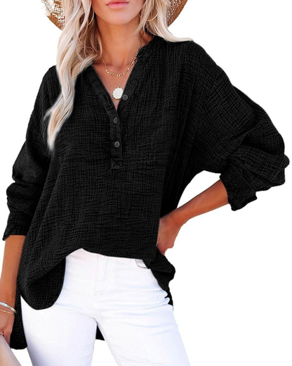 Damen Casual V-Ausschnitt Langarmshirts Knöpfe Solide Blusen Oberteile