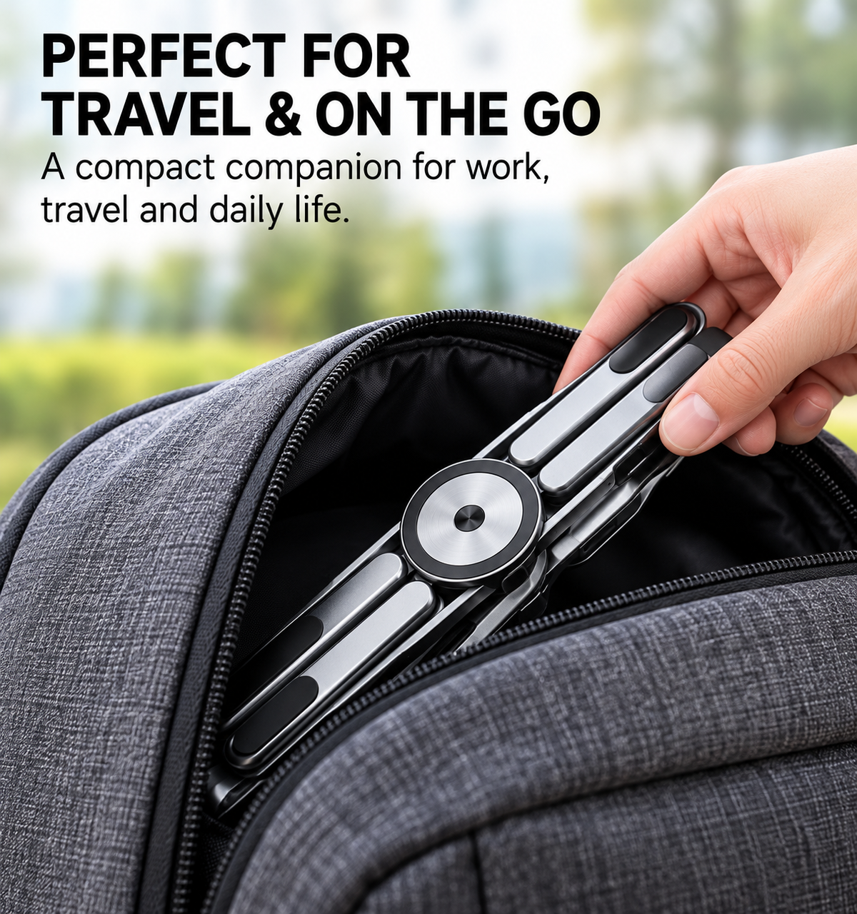 Folded aluminum stand being placed into a backpack