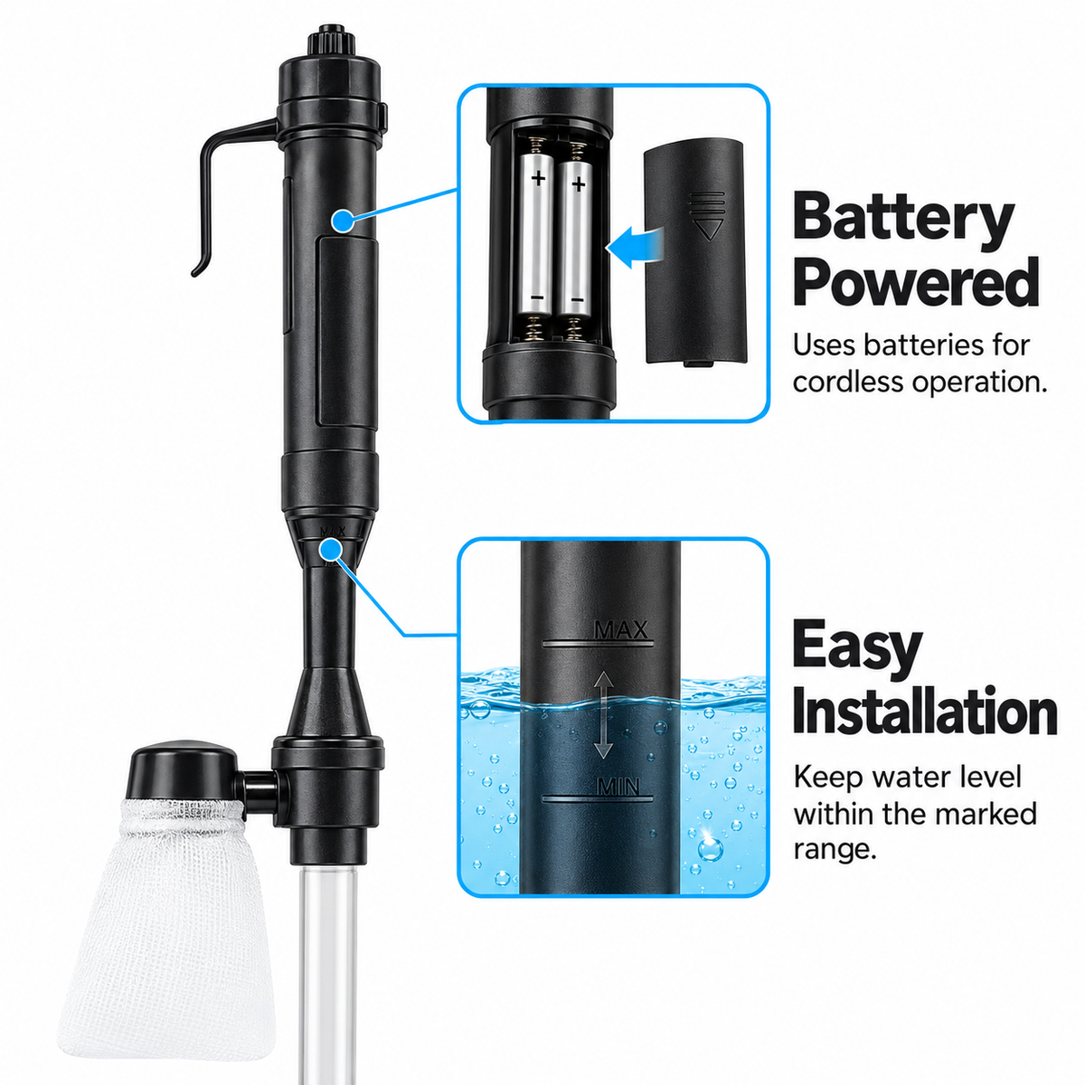Battery compartment and minimum maximum water level guide