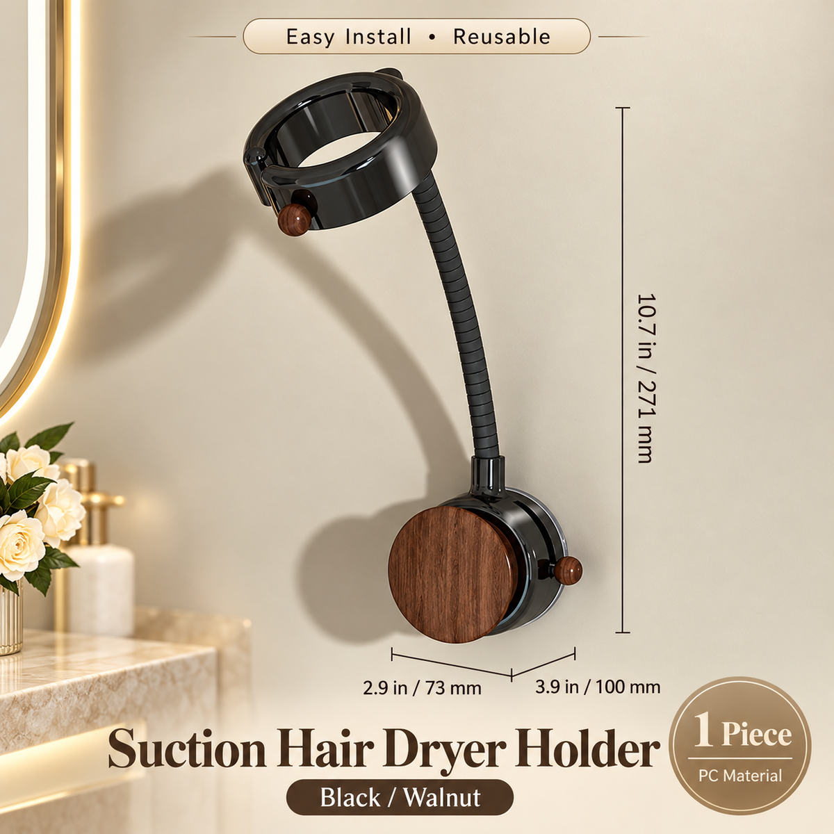 Hands-Free Hair Dryer Holder – No-Drill Suction Mount with Adjustable Arm & Cord Storage