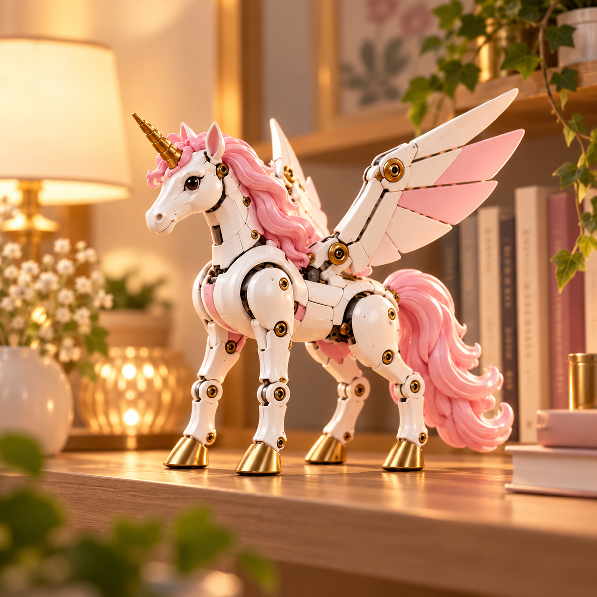 Mechanical winged unicorn figure displayed as a fantasy-inspired collectible