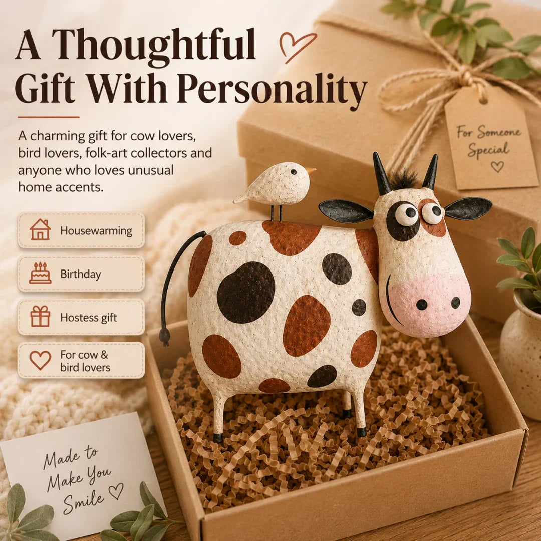 🔥Hot Sale🐮Whimsical Cow & Bird Folk Art Figurine – Rustic Farmhouse Tabletop Decor Gift