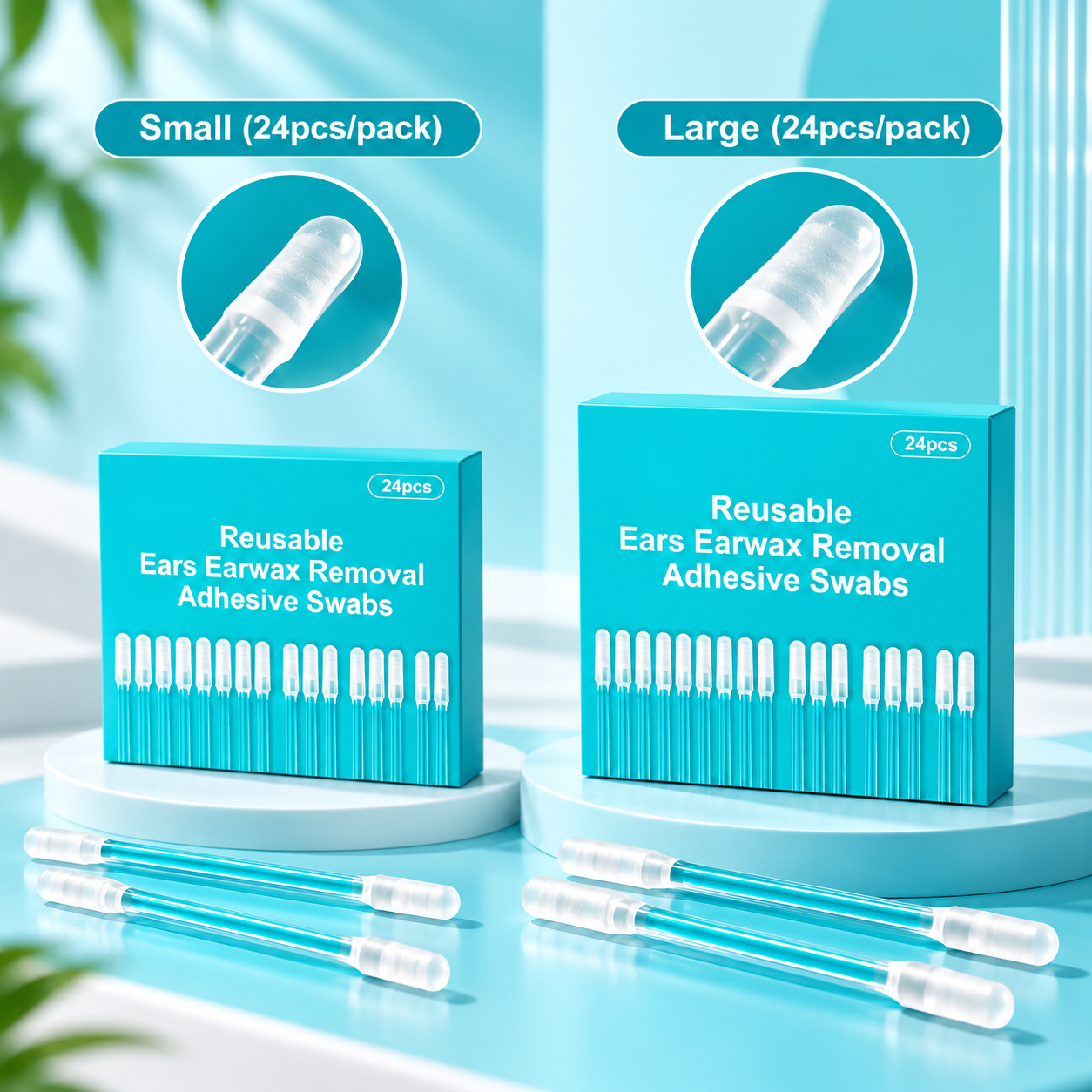 Small and large 24-piece earwax swab options