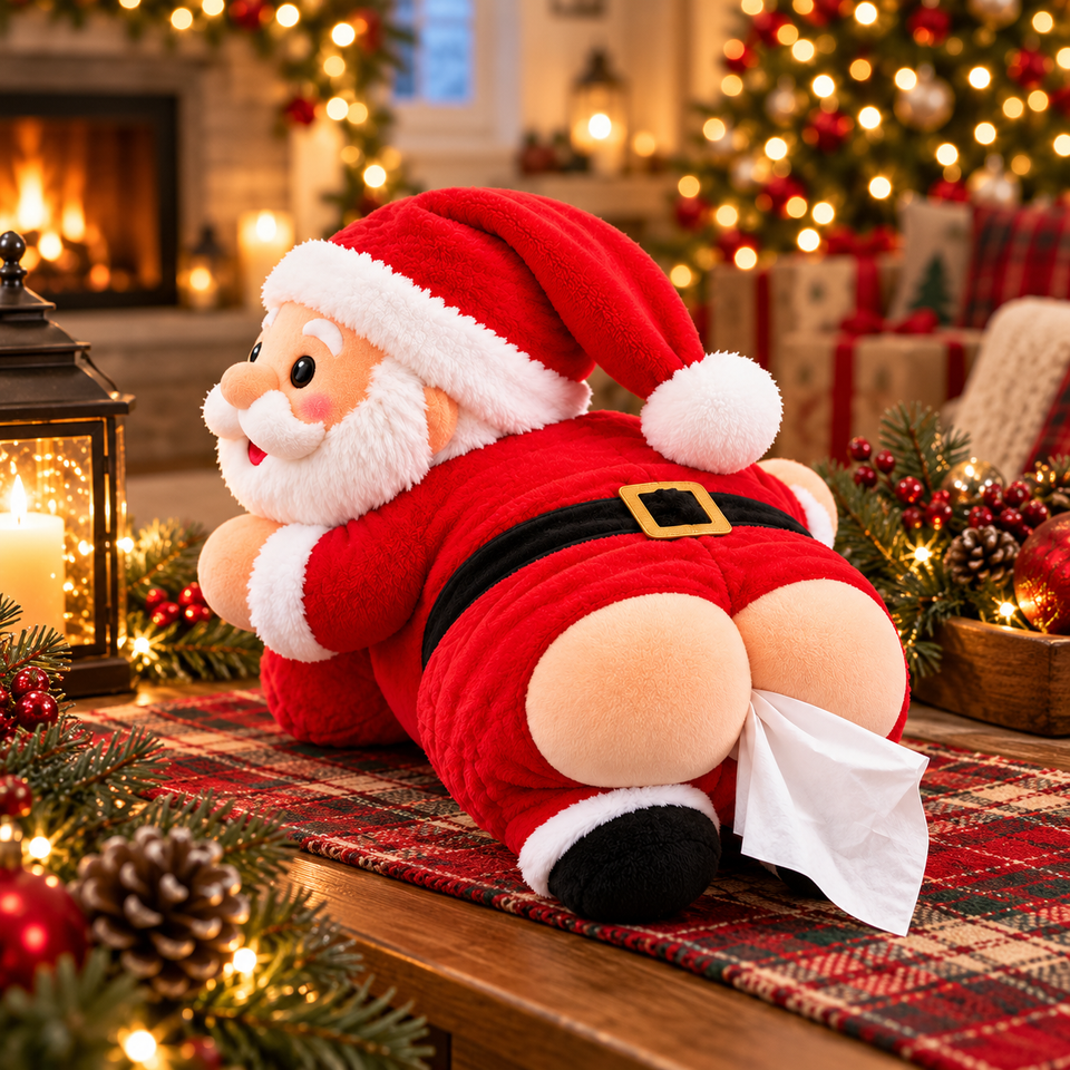 Santa plush tissue holder surrounded by Christmas decorations and festive lights