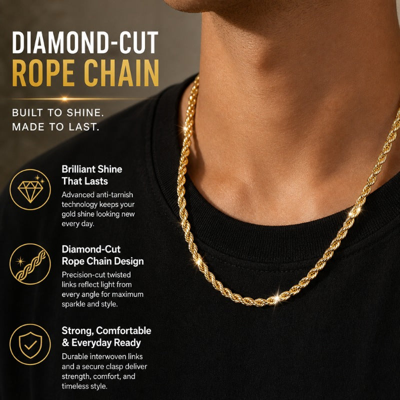 14K Rope Chain Necklace for Women and Men, Upgraded Shine Faceted Cut, Tarnish-Free Gold Tone Chain,