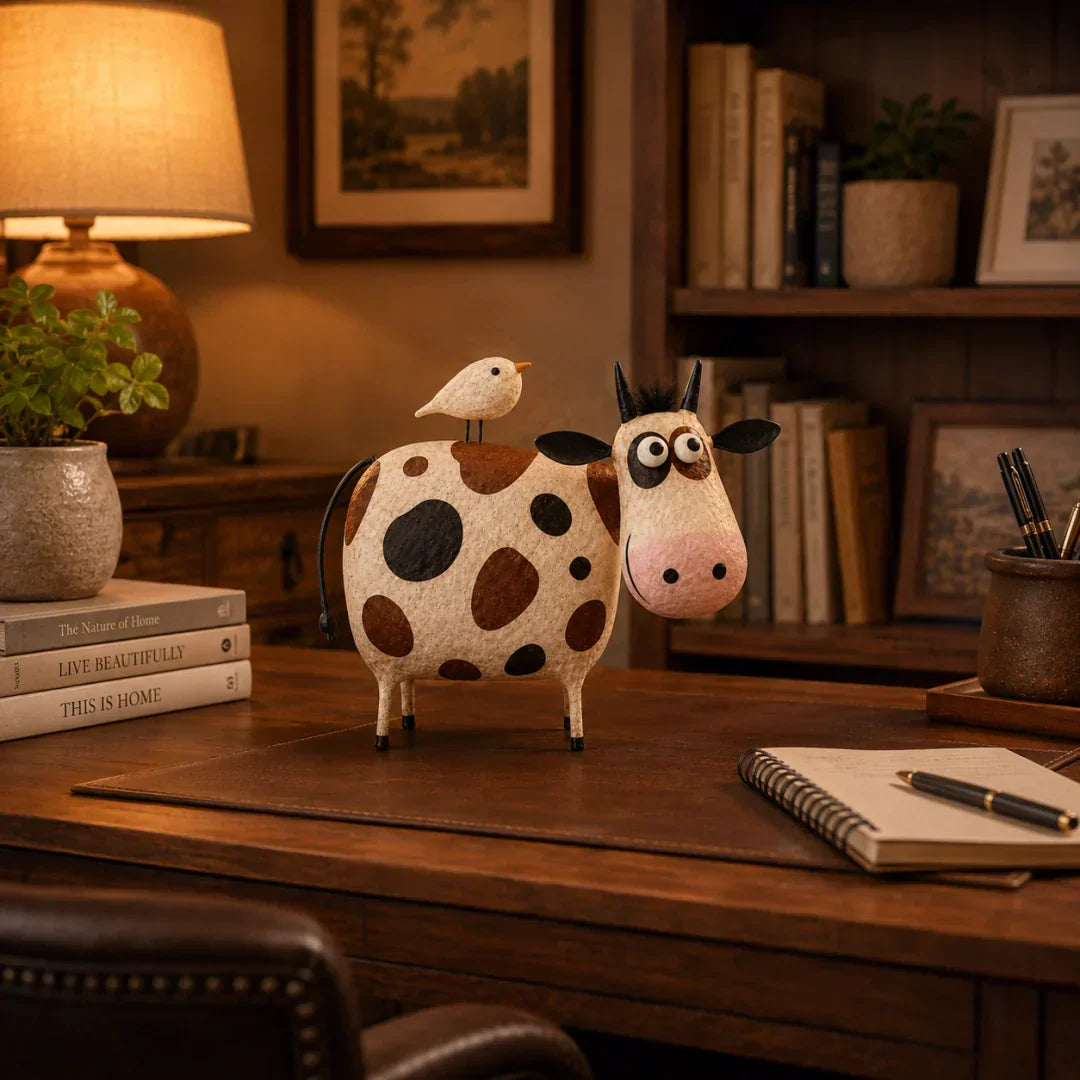 🔥Hot Sale🐮Whimsical Cow & Bird Folk Art Figurine – Rustic Farmhouse Tabletop Decor Gift