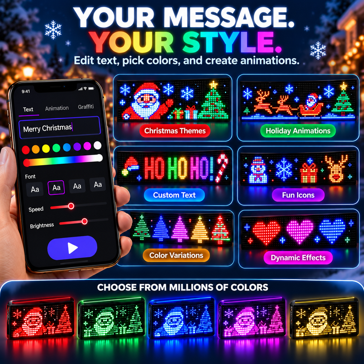 🎄 Smart LED Pixel Car Display – App-Controlled RGB Lights, Custom Messages & Animated Designs 🚗