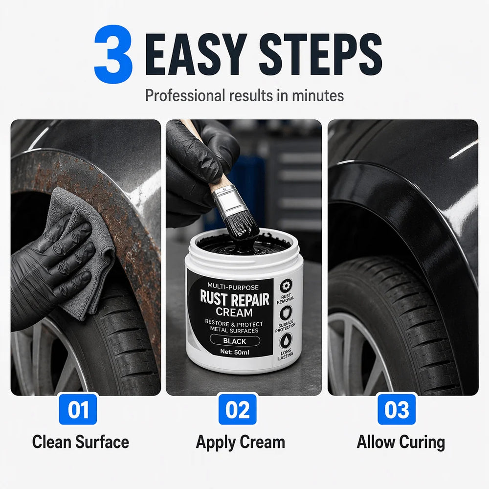 Three-step rust repair cream application illustration
