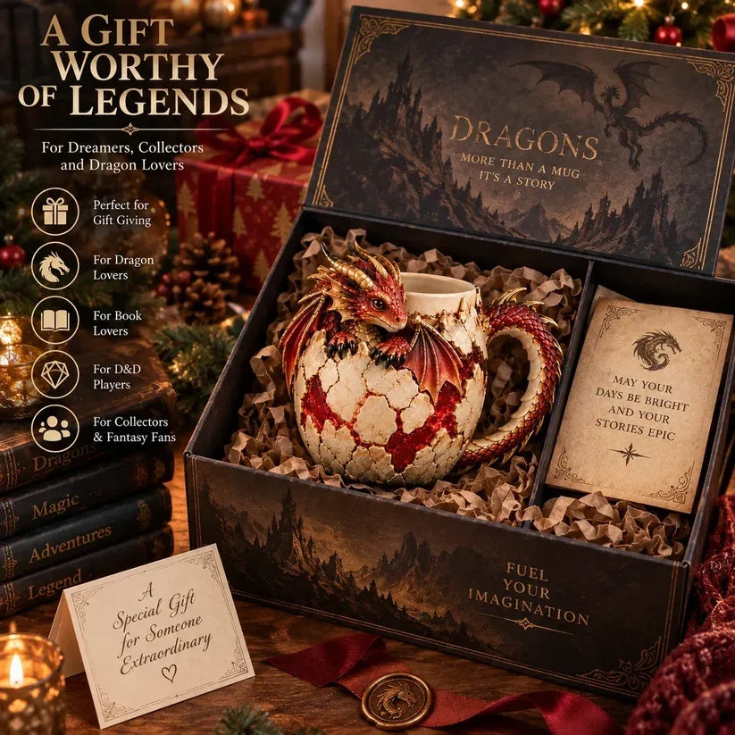 Fantasy-inspired presentation photograph of a dragon mug in an illustrated gift box