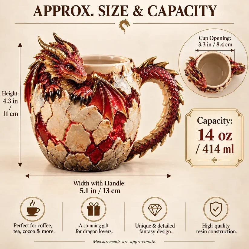 Product artwork with approximate dimensions of the dragon mug